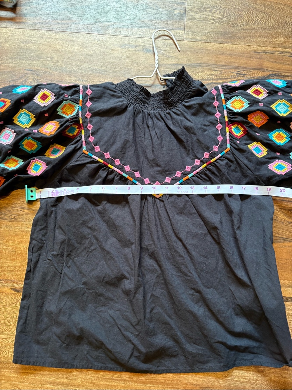 THML XS Colorful Embroidered Black Puff Sleeve 100% cotton Top - Picture 7 of 8